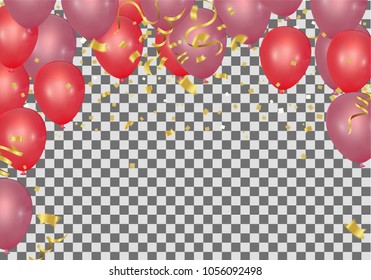 red balloons and confetti party background, concept design. Celebration Vector illustration.