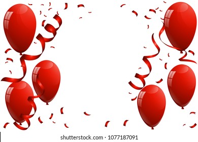 red balloons and confetti party background, concept design. Celebration Vector illustration.