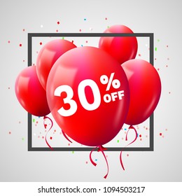 Red Balloons Discount Frame. SALE concept for shop market store advertisement commerce. 30 percent off. Market discount, red balloon. Business sale template. Vector illustration