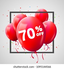 Red Balloons Discount Frame. SALE concept for shop market store advertisement commerce. 70 percent off. Market discount, red balloon. Business sale template. Vector illustration