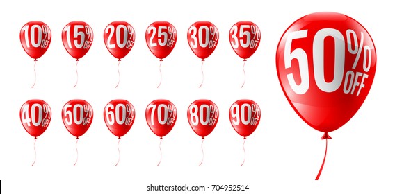 Red Balloons Discounts for Retail,Shopping,Sale or Promotion concept.Set of Balloon 10%, 15%, 20%, 25%, 30%, 35%, 40%, 50%, 60%, 70%, 80% and 90% Discounts Isolate on white background