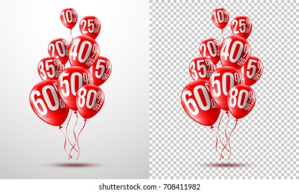 Red Balloons Discounts for Retail,Shopping,Sale or Promotion concept.Group of Balloon Discounts on transparent background