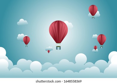 Red balloons floating in the blue sky.  Green and Clean World Concept.