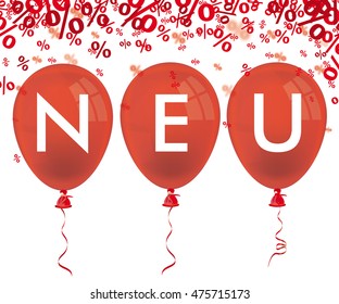 Red balloons and german text neu, translate new. Eps 10 vector file.