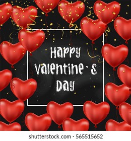 Red balloons with gold confetti. Vector. Happy valentines day. Greeting card design. Metallic balloons with white frame and text. Chalkboard background. Celebration concept for valentine`s day.