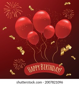 Red balloons with gold sparkles and fireworks on a red background