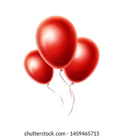 Red balloons group and bunch isolated on white background. Glossy and shiny realistic helium ballon. Decoration for birthday, party, wedding, other holidays. Vector object and illustration. EPS10