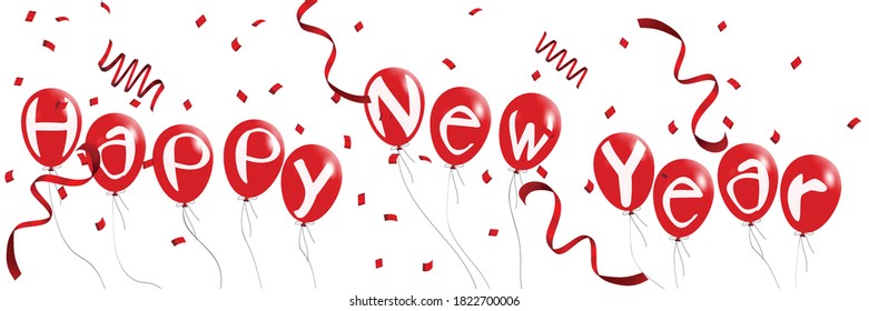 Red balloons with Happy New Year text and ribbon scatter floating isolated on white background.