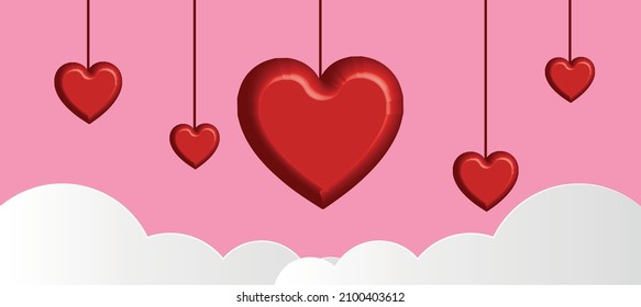 red balloons in heart shape, clouds and pink background