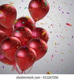 Red Balloons And Holiday Confetti. Vector Holiday Illustration Of Flying Red Balloons And Multicolored Confetti Glitters. Award Ceremony Or Other Holiday Event Decoration Element
