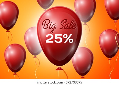 Red Balloons with an inscription Big Sale twenty five percent Discounts. SALE concept for shops store market, web and other commerce. Vector illustration.