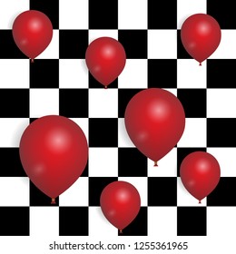 red balloons on chess background, seamless pattern, vector illustration