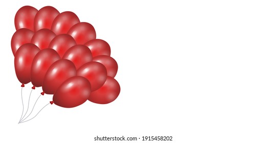 Globos rojos en el lado izquierdo aislados en fondo blanco con espacio para texto. Plantilla para postal, banner, afiche, diseño web. Ilustración vectorial dibujada a mano.