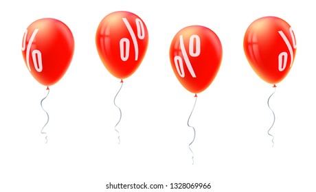 Red balloons with percent sign, symbol of discount isolated on white background. Set of sales icons for retail, shopping, markets. Balloons floating in the air. Template for poster, banner, leaflet.