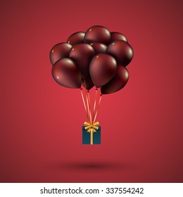 Red balloons raised a gift box. Depicted on red background. EPS10