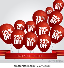 Red balloons With Sale Discounts 25 percent.