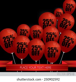 Red balloons With Sale Discounts 25 percent.