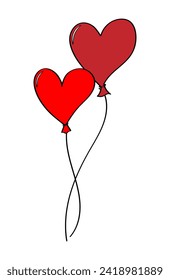 Globos rojos en el corazón de forma. Días festivos, celebración de bodas, Día de San Valentín. Estilo de caricatura plano. Ilustración vectorial dibujada mano diseño de fondo blanco de tarjetas, invitaciones, banner.