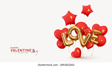 Red balloons in shape of hearts and stars, gold metal text LOVE. Valentine's Day Background. Realistic design with romantic decorative objects in 3d. Bright holiday composition. Vector illustration