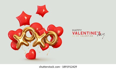 Red balloons in shape of hearts and stars, gold metal text XO XO. Valentine's Day Background. Realistic design with romantic decorative objects in 3d. Bright holiday composition. Vector illustration