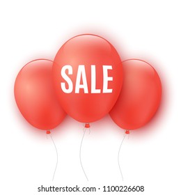 Red balloons with text sale isolated on white background. Your business project. Special offer. Big discounts. Banner, flyer, poster. Realistic transparent balloons. Vector illustration. EPS 10
