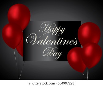 Red balloons Valentine's Day invitation with black glass frame on dark background. Vector illustration.