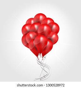 Red Balloons. Vector holiday illustration of flying bunch of realistic red balloons. Design element.