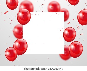 red balloons, vector illustration. Confetti and ribbons, Celebration background template with.
