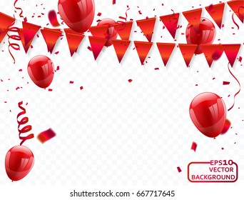 red balloons, vector illustration. Confetti and flag ribbons, Celebration background template with.