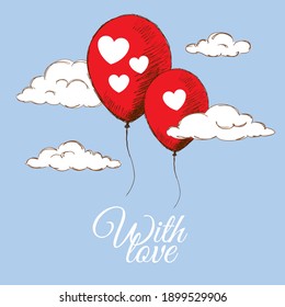 Red balloons with white hearts surrounded by clouds, hand-drawn.
