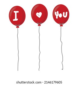 red balloons writing i love you floating on white background