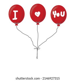 red balloons writing i love you floating on white background