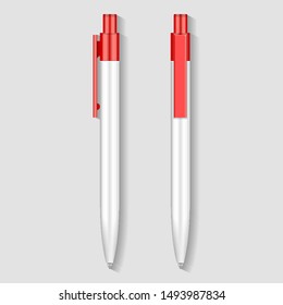 Red Ballpoint Pen, Pencil, Marker Set Of Corporate Identity And
Branding Stationery Templates. Illustration On Gray Background. Mock
Up Template Ready For Your Design. Vector EPS10