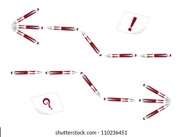 Red ballpoints in shape of arrows and notes isolated on white. EPS10 vector format
