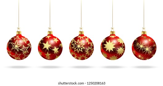 Red balls with a pattern of gold stars. New Year. Christmas. Set. Realistic vector image.