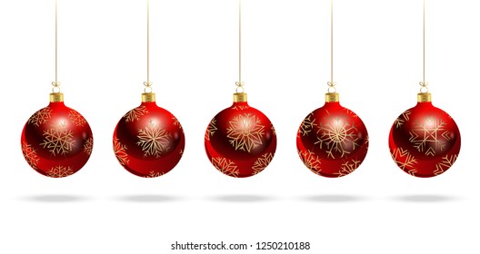 Red balls with a pattern of gold stars. New Year. Christmas. Set. Realistic vector image.