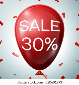 Red Baloon with 30 percent discounts. SALE concept for shops store market, web and other commerce. Vector illustration.