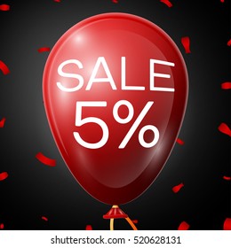 Red Baloon with 5 percent discounts over black background. Vector illustration