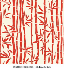 Red bamboo pattern, watercolor bamboo seamless pattern. Watercolor print in rustic vintage style, textile or wallpaper.  