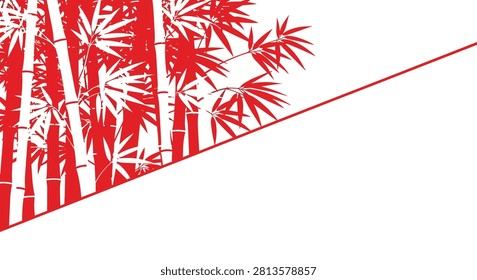 Red Bamboo Tree Forest Silhouette Illustration on White Background with Diagonal Copy Space Frame