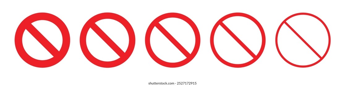 Banda roja, prohibido, icono de círculo de símbolo prohibido establecido con varias intensidades de trazo. Conjunto de Vector de símbolo de prohibición aislado sobre fondo blanco. Ilustración vectorial.