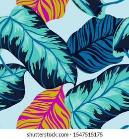 Red Banana Foliage Vector Seamless Pattern. Gloss Fabric Banana Print California Design. Jeans Leaf Exotic Background. Gloss Monstera Leaves Wallpaper