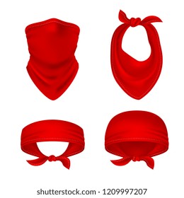 Red bandana. Cowboy or biker face scarf, bandanna neck shawl. Blank handkerchief unisex uniform. Western clothes isolated vector set