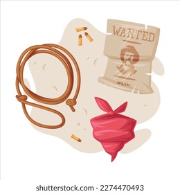 Red Bandana, Lasso and Wanted Notice Paper as Wild West Object Vector Composition