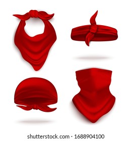 Red bandana on neck and head set, realistic vector illustration mockup isolated on white background. Youth fashion neck scarf or cowboy garment element template.