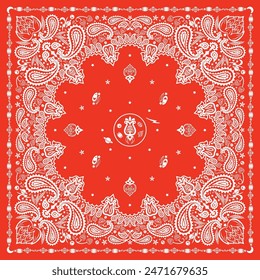 Red Bandana Print. paisley seamless pattern. pattern, flowers, hops, rice, decorative geometric line ornament. Red white pattern template. Silk neck scarf or kerchief square pattern design.