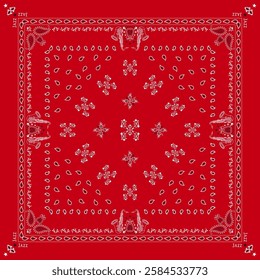 Red Bandana Print. paisley seamless pattern. pattern, flowers, Jazz, saxophone, music, decorative geometric line ornament. Red white pattern template. Silk neck scarf or kerchief square pattern design