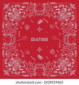 Red Bandanna Print. bandana placemat. seafood, crab, shellfish, shrimp, fish, Western Decor. White and red pattern template. square geometric seafood pattern design style.