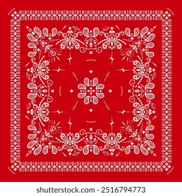 Estampado de pañuelo rojo. Patrón de estrella de lúpulo, flores, floral, lúpulo, arroz, bandana, ornamento de línea geométrica de paisley. Plantilla de patrón blanco rojo. Bufanda de seda del cuello o diseño cuadrado del patrón del pañuelo.