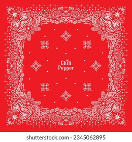 Red Bandanna Print. paisley seamless pattern. chili pepper, flowers, star, decorative geometric line ornament. White and red pattern template. Silk neck scarf or kerchief square pattern design style.